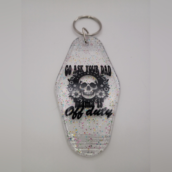 Motel Keychain Custom Clear Glitter Black Text With Skeleton Keyring Key tag - Picture 1 of 2